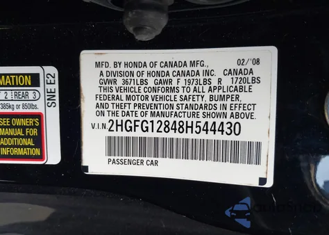 2008 Honda Civic Ex from USA, damaged, VIN 2HGFG12848H544430